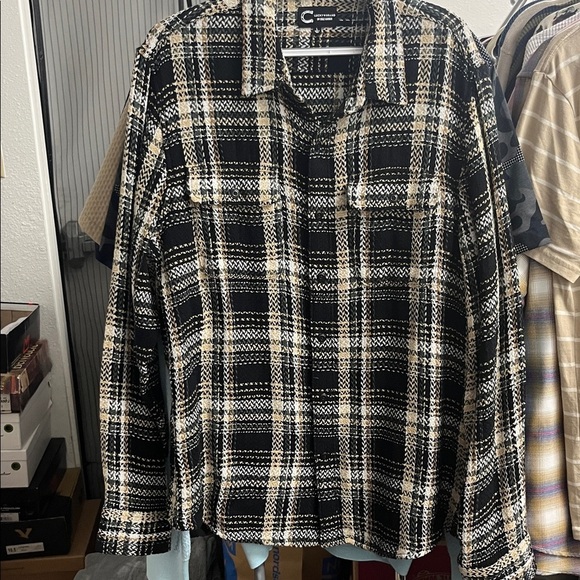 Lucky Brand Black Green and Cream Plaid Casual Button Down Shirt - Picture 1 of 7